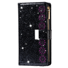 iPhone 15 Plus hoesje -  Bookcase -  Koord -  Pasjeshouder -  Portemonnee -  Glitter -  Bloemenpatroon -  Kunstleer -  Zwart