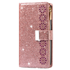 iPhone 15 Plus hoesje -  Bookcase -  Koord -  Pasjeshouder -  Portemonnee -  Glitter -  Bloemenpatroon -  Kunstleer -  Rose Goud