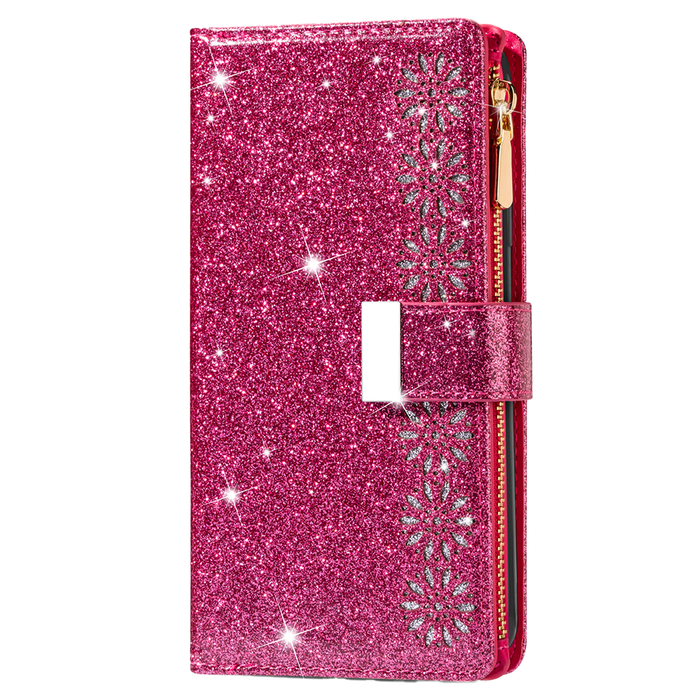 JVS Products iPhone 15 Pro hoesje -  Bookcase -  Koord -  Pasjeshouder -  Portemonnee -  Glitter -  Bloemenpatroon -  Kunstleer -  Roze