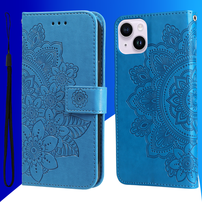 JVS Products iPhone 15 hoesje -  Bookcase -  Pasjeshouder -  Portemonnee -  Bloemenprint -  Kunstleer -  Blauw