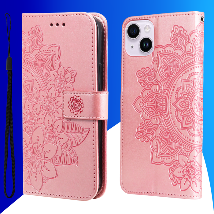 JVS Products iPhone 15 hoesje -  Bookcase -  Pasjeshouder -  Portemonnee -  Bloemenprint -  Kunstleer -  Rose Goud
