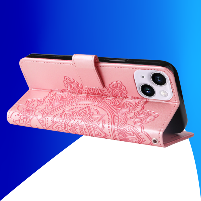 JVS Products iPhone 15 hoesje -  Bookcase -  Pasjeshouder -  Portemonnee -  Bloemenprint -  Kunstleer -  Rose Goud