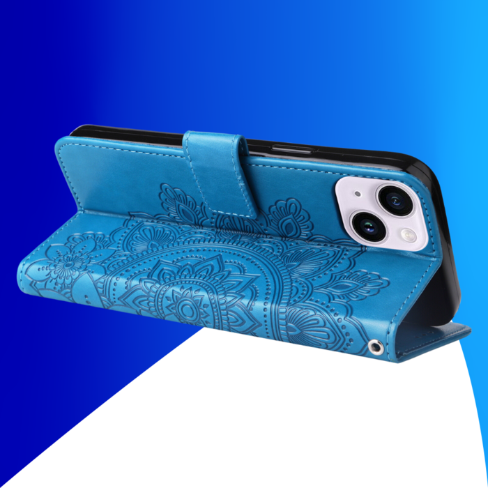 JVS Products iPhone 15 Plus hoesje -  Bookcase -  Pasjeshouder -  Portemonnee -  Bloemenprint -  Kunstleer -  Blauw