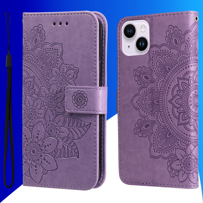 JVS Products iPhone 15 Plus hoesje -  Bookcase -  Pasjeshouder -  Portemonnee -  Bloemenprint -  Kunstleer -  Paars