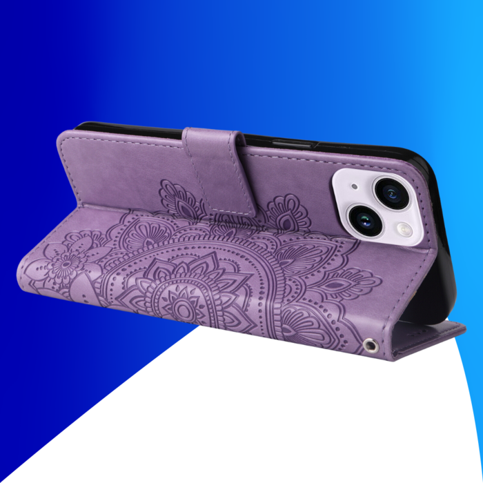 JVS Products iPhone 15 Plus hoesje -  Bookcase -  Pasjeshouder -  Portemonnee -  Bloemenprint -  Kunstleer -  Paars