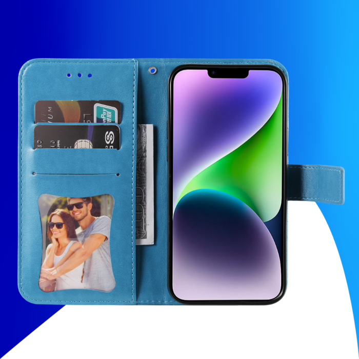 JVS Products iPhone 15 Pro hoesje -  Bookcase -  Pasjeshouder -  Portemonnee -  Bloemenprint -  Kunstleer -  Blauw