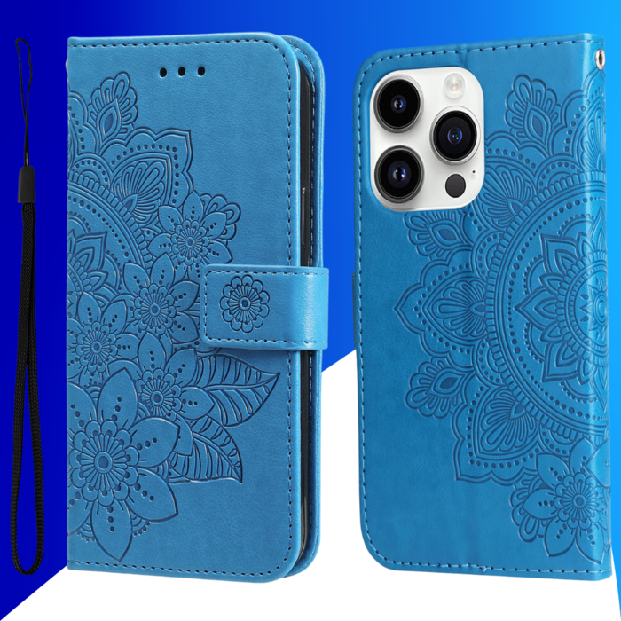 JVS Products iPhone 15 Pro Max hoesje -  Bookcase -  Pasjeshouder -  Portemonnee -  Bloemenprint -  Kunstleer -  Blauw