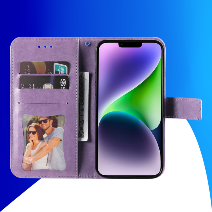 JVS Products iPhone 15 Pro hoesje -  Bookcase -  Pasjeshouder -  Portemonnee -  Bloemenprint -  Kunstleer -  Paars