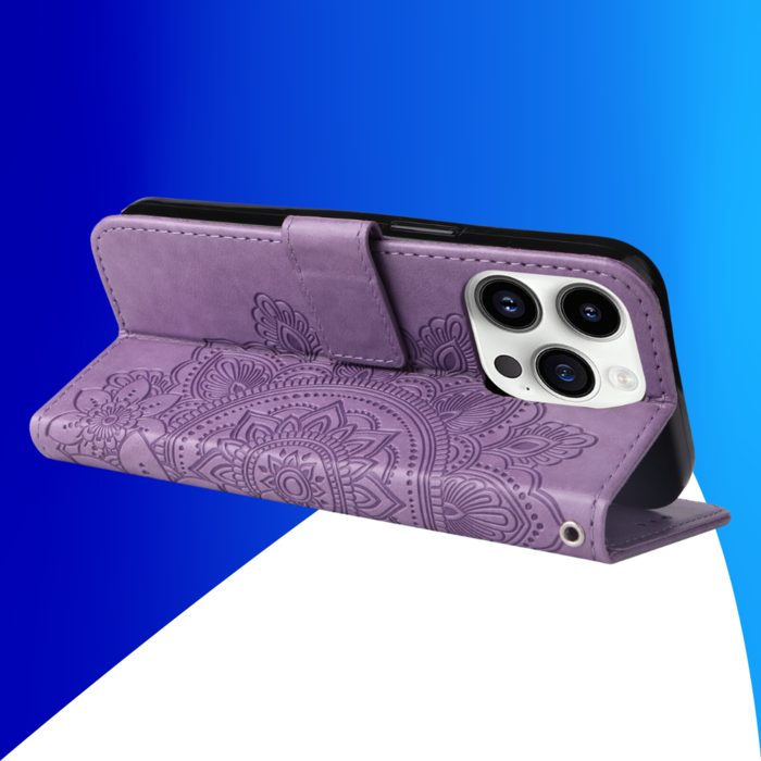 JVS Products iPhone 15 Pro hoesje -  Bookcase -  Pasjeshouder -  Portemonnee -  Bloemenprint -  Kunstleer -  Paars