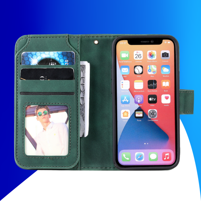 JVS Products iPhone 15 hoesje -  Bookcase -  Koord -  Pasjeshouder -  Portemonnee -  Kunstleer -  Groen