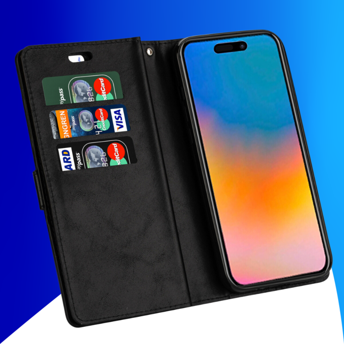 JVS Products iPhone 15 Plus hoesje -  Bookcase -  Koord -  Pasjeshouder -  Portemonnee -  Rits -  Kunstleer -  Zwart