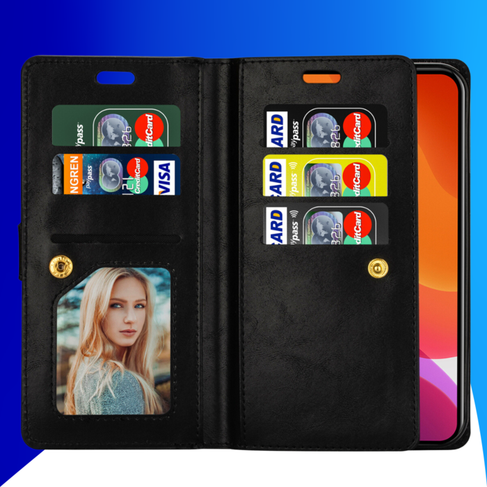 JVS Products iPhone 15 Plus hoesje -  Bookcase -  Koord -  Pasjeshouder -  Portemonnee -  Rits -  Kunstleer -  Zwart