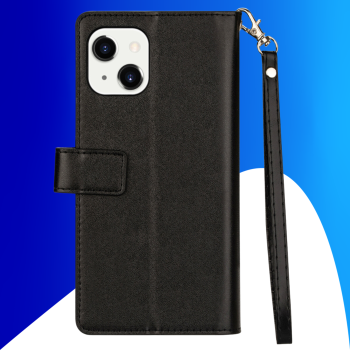 JVS Products iPhone 15 Plus hoesje -  Bookcase -  Koord -  Pasjeshouder -  Portemonnee -  Rits -  Kunstleer -  Zwart