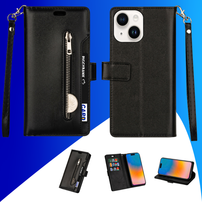 JVS Products iPhone 15 Plus hoesje -  Bookcase -  Koord -  Pasjeshouder -  Portemonnee -  Rits -  Kunstleer -  Zwart