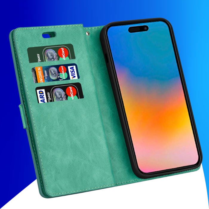 JVS Products iPhone 15 Plus hoesje -  Bookcase -  Koord -  Pasjeshouder -  Portemonnee -  Rits -  Kunstleer -  Turquoise