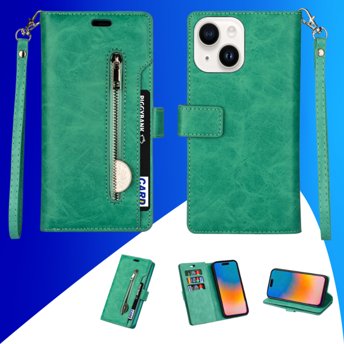 JVS Products iPhone 15 Plus hoesje -  Bookcase -  Koord -  Pasjeshouder -  Portemonnee -  Rits -  Kunstleer -  Turquoise