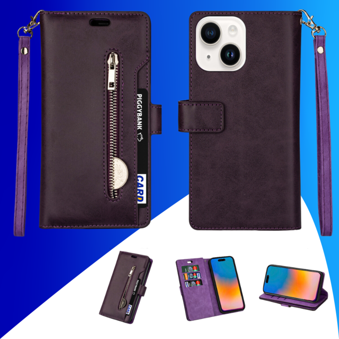 JVS Products iPhone 15 Plus hoesje -  Bookcase -  Koord -  Pasjeshouder -  Portemonnee -  Rits -  Kunstleer -  Paars