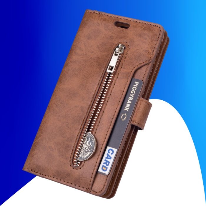 JVS Products iPhone 15 Plus hoesje -  Bookcase -  Koord -  Pasjeshouder -  Portemonnee -  Rits -  Kunstleer -  Bruin