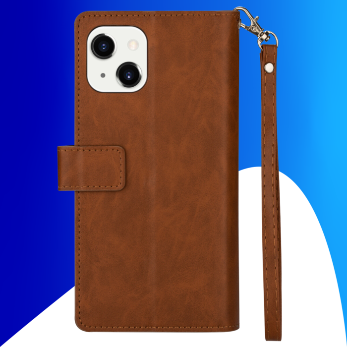 JVS Products iPhone 15 Plus hoesje -  Bookcase -  Koord -  Pasjeshouder -  Portemonnee -  Rits -  Kunstleer -  Bruin