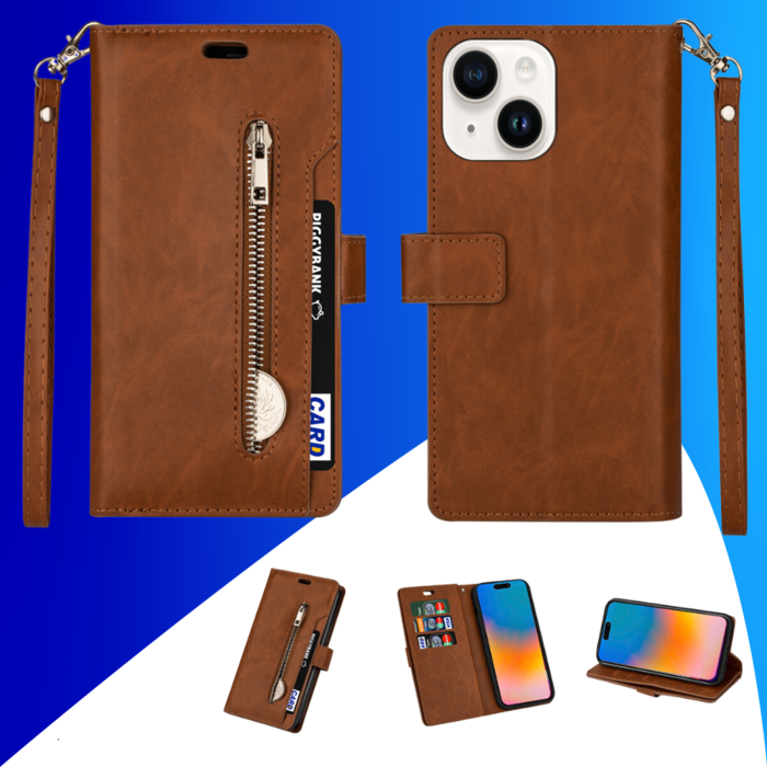 JVS Products iPhone 15 Plus hoesje -  Bookcase -  Koord -  Pasjeshouder -  Portemonnee -  Rits -  Kunstleer -  Bruin