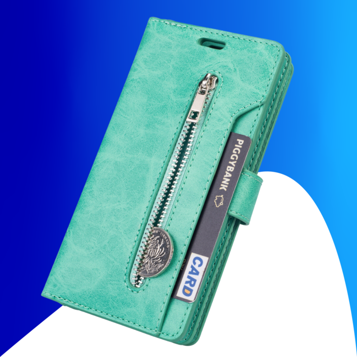 JVS Products iPhone 15 hoesje -  Bookcase -  Koord -  Pasjeshouder -  Portemonnee -  Rits -  Kunstleer -  Turquoise