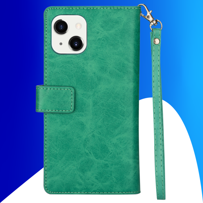 JVS Products iPhone 15 hoesje -  Bookcase -  Koord -  Pasjeshouder -  Portemonnee -  Rits -  Kunstleer -  Turquoise