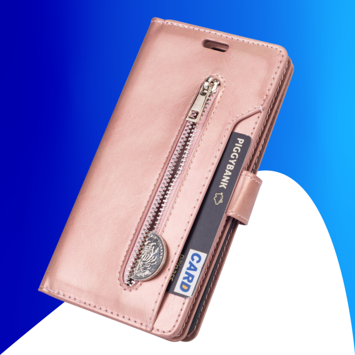 JVS Products iPhone 15 Plus hoesje -  Bookcase -  Koord -  Pasjeshouder -  Portemonnee -  Rits -  Kunstleer -  Rose Goud