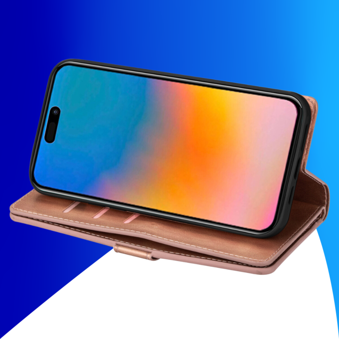 JVS Products iPhone 15 Plus hoesje -  Bookcase -  Koord -  Pasjeshouder -  Portemonnee -  Rits -  Kunstleer -  Rose Goud
