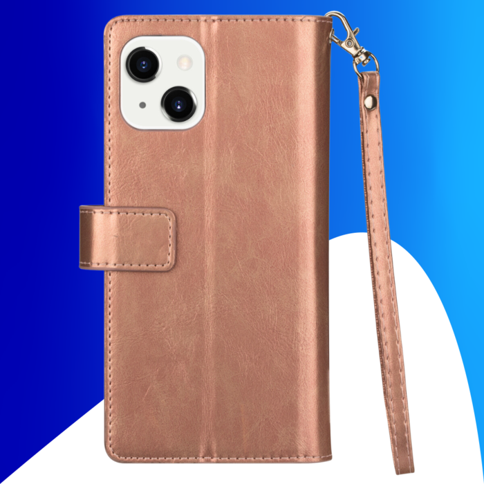 JVS Products iPhone 15 Plus hoesje -  Bookcase -  Koord -  Pasjeshouder -  Portemonnee -  Rits -  Kunstleer -  Rose Goud