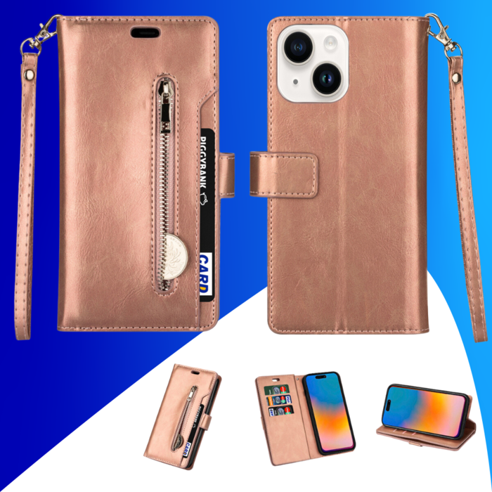 JVS Products iPhone 15 Plus hoesje -  Bookcase -  Koord -  Pasjeshouder -  Portemonnee -  Rits -  Kunstleer -  Rose Goud