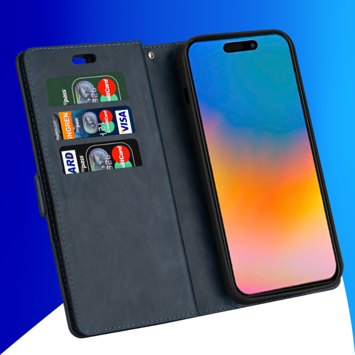 JVS Products iPhone 15 hoesje -  Bookcase -  Koord -  Pasjeshouder -  Portemonnee -  Rits -  Kunstleer -  Blauw