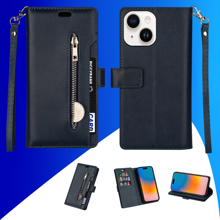 JVS Products iPhone 15 Plus hoesje -  Bookcase -  Koord -  Pasjeshouder -  Portemonnee -  Rits -  Kunstleer -  Blauw