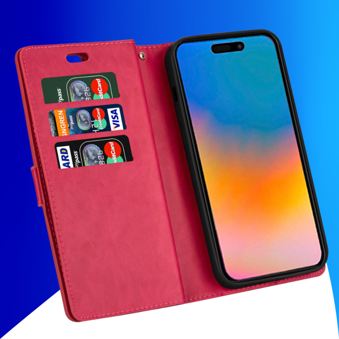 JVS Products iPhone 15 hoesje -  Bookcase -  Koord -  Pasjeshouder -  Portemonnee -  Rits -  Kunstleer -  Roze