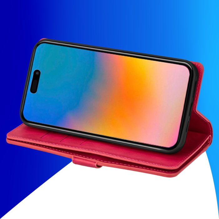 JVS Products iPhone 15 hoesje -  Bookcase -  Koord -  Pasjeshouder -  Portemonnee -  Rits -  Kunstleer -  Roze