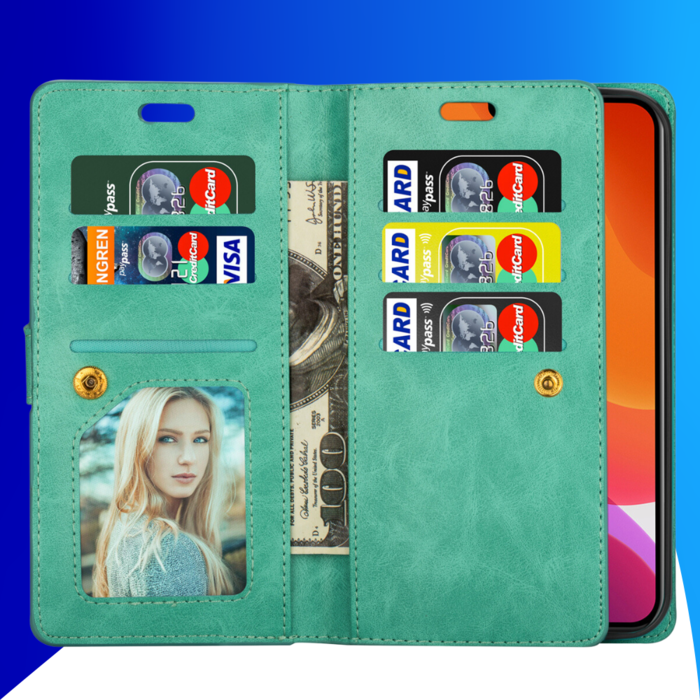 JVS Products iPhone 15 Pro hoesje -  Bookcase -  Koord -  Pasjeshouder -  Portemonnee -  Rits -  Kunstleer -  Turquoise