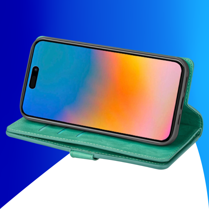 JVS Products iPhone 15 Pro hoesje -  Bookcase -  Koord -  Pasjeshouder -  Portemonnee -  Rits -  Kunstleer -  Turquoise