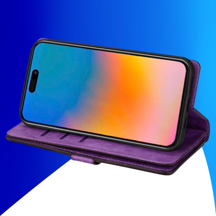 JVS Products iPhone 15 Pro hoesje -  Bookcase -  Koord -  Pasjeshouder -  Portemonnee -  Rits -  Kunstleer -  Paars