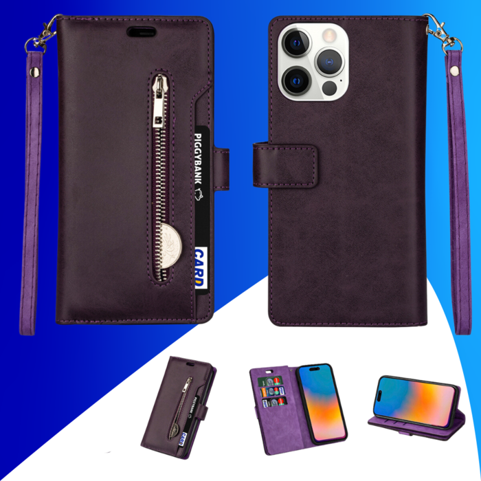 JVS Products iPhone 15 Pro hoesje -  Bookcase -  Koord -  Pasjeshouder -  Portemonnee -  Rits -  Kunstleer -  Paars