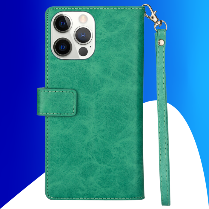 JVS Products iPhone 15 Pro Max hoesje -  Bookcase -  Koord -  Pasjeshouder -  Portemonnee -  Rits -  Kunstleer -  Turquoise