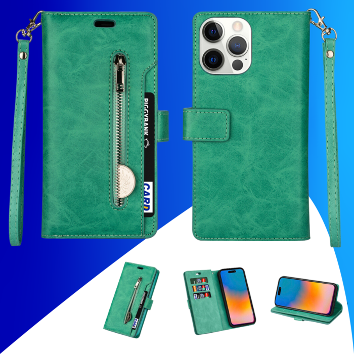 JVS Products iPhone 15 Pro Max hoesje -  Bookcase -  Koord -  Pasjeshouder -  Portemonnee -  Rits -  Kunstleer -  Turquoise
