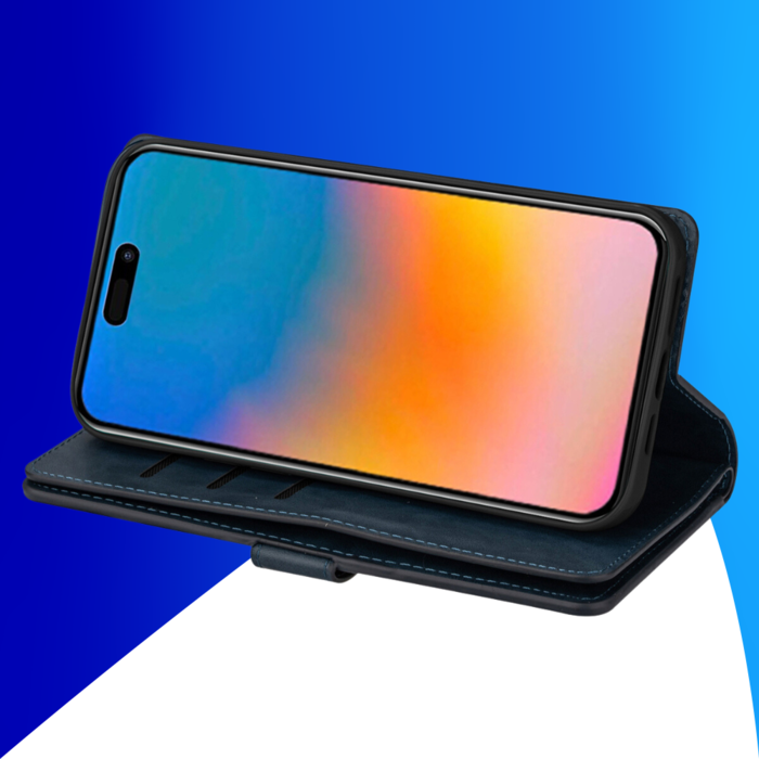 JVS Products iPhone 15 Pro hoesje -  Bookcase -  Koord -  Pasjeshouder -  Portemonnee -  Rits -  Kunstleer -  Blauw