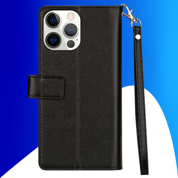 JVS Products iPhone 15 Pro Max hoesje -  Bookcase -  Koord -  Pasjeshouder -  Portemonnee -  Rits -  Kunstleer -  Zwart