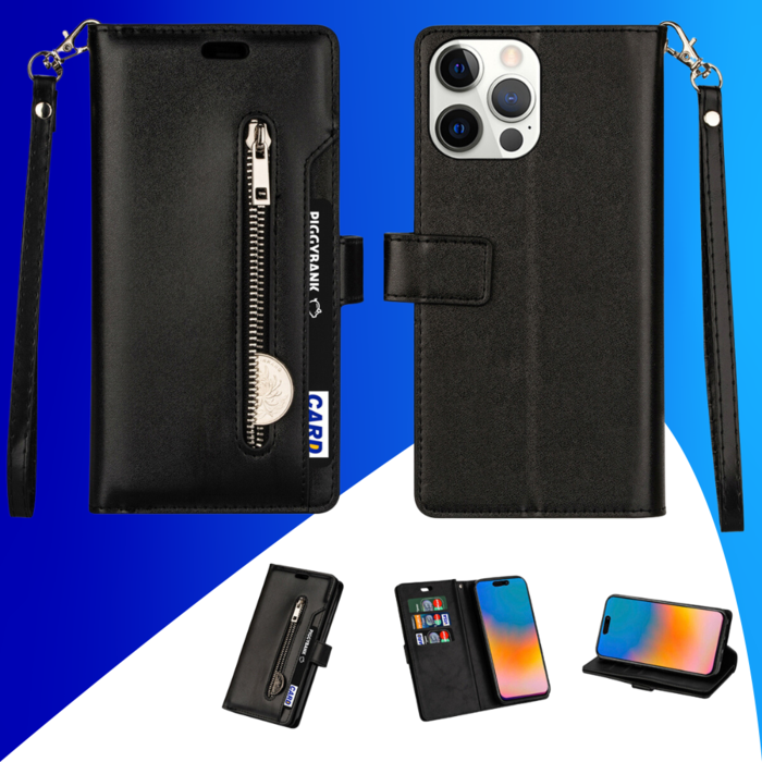 JVS Products iPhone 15 Pro hoesje -  Bookcase -  Koord -  Pasjeshouder -  Portemonnee -  Rits -  Kunstleer -  Zwart