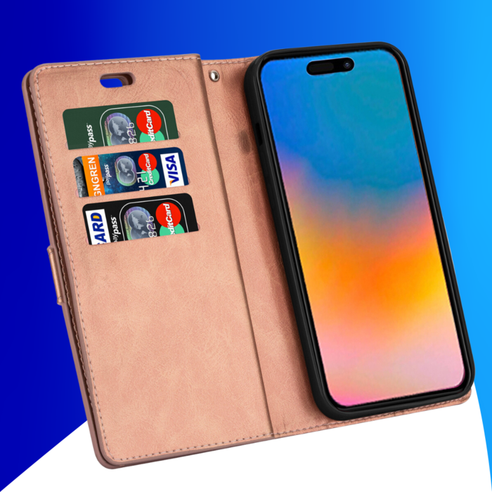 JVS Products iPhone 15 Pro Max hoesje -  Bookcase -  Koord -  Pasjeshouder -  Portemonnee -  Rits -  Kunstleer -  Rose Goud