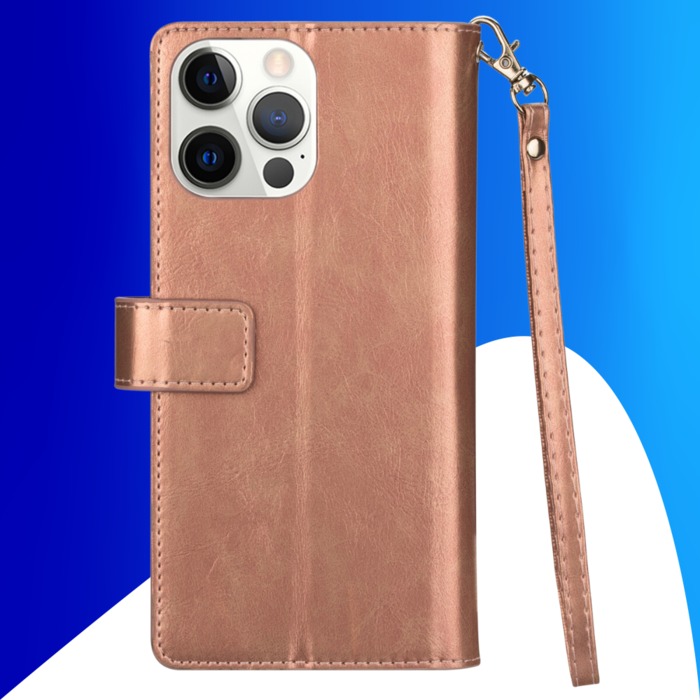 JVS Products iPhone 15 Pro Max hoesje -  Bookcase -  Koord -  Pasjeshouder -  Portemonnee -  Rits -  Kunstleer -  Rose Goud