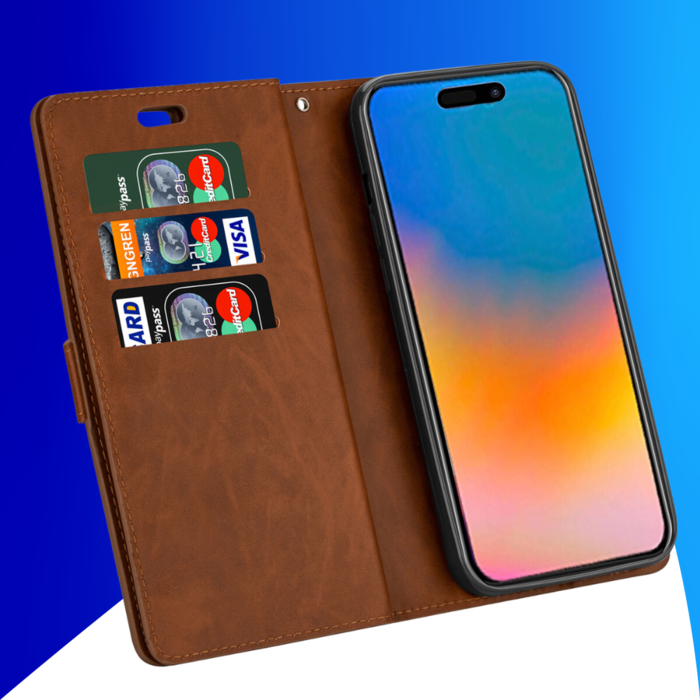 JVS Products iPhone 15 Pro hoesje -  Bookcase -  Koord -  Pasjeshouder -  Portemonnee -  Rits -  Kunstleer -  Bruin