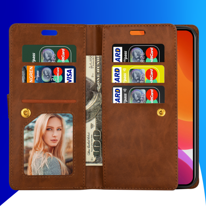JVS Products iPhone 15 Pro hoesje -  Bookcase -  Koord -  Pasjeshouder -  Portemonnee -  Rits -  Kunstleer -  Bruin