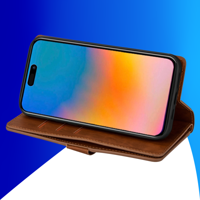 JVS Products iPhone 15 Pro hoesje -  Bookcase -  Koord -  Pasjeshouder -  Portemonnee -  Rits -  Kunstleer -  Bruin