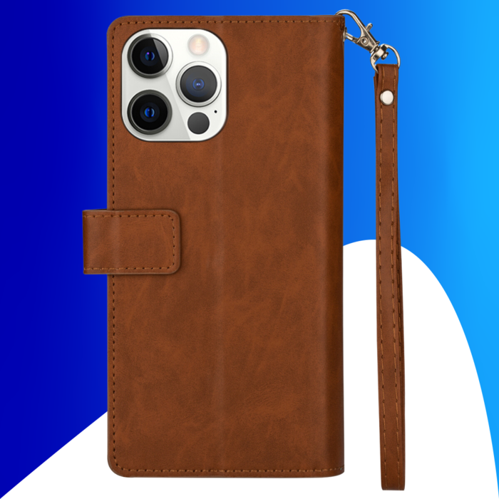 JVS Products iPhone 15 Pro hoesje -  Bookcase -  Koord -  Pasjeshouder -  Portemonnee -  Rits -  Kunstleer -  Bruin