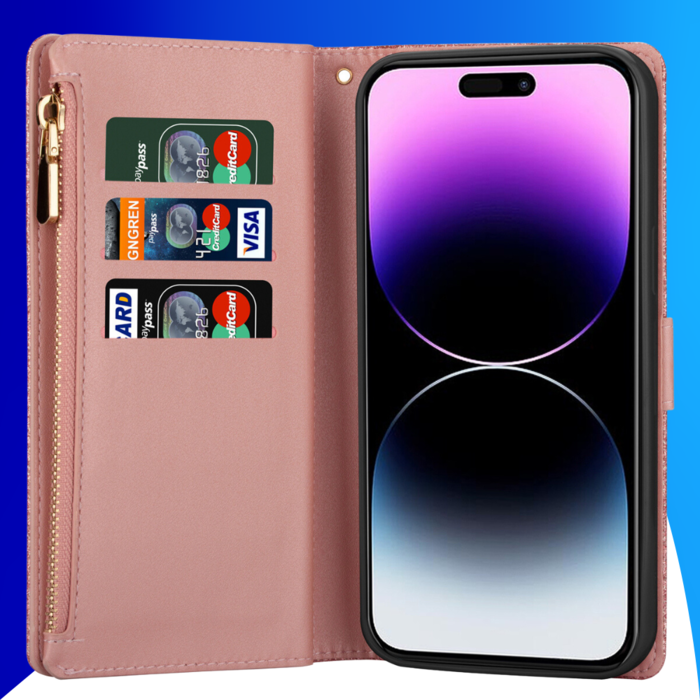 JVS Products iPhone 15 hoesje -  Bookcase -  Koord -  Pasjeshouder -  Portemonnee -  Glitter -  Bloemenpatroon -  Kunstleer -  Rose Goud